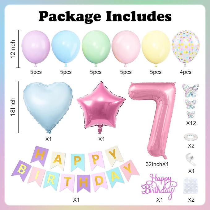 Pastel 7th Birthday Decorations for Girl,Macaron Rainbow 7th Party Decoration Pink Blue Purple Green Yellow Colorful Balloons Banner Star Heart Number 7 Foil Balloon Cake Topper Butterfly Stickers