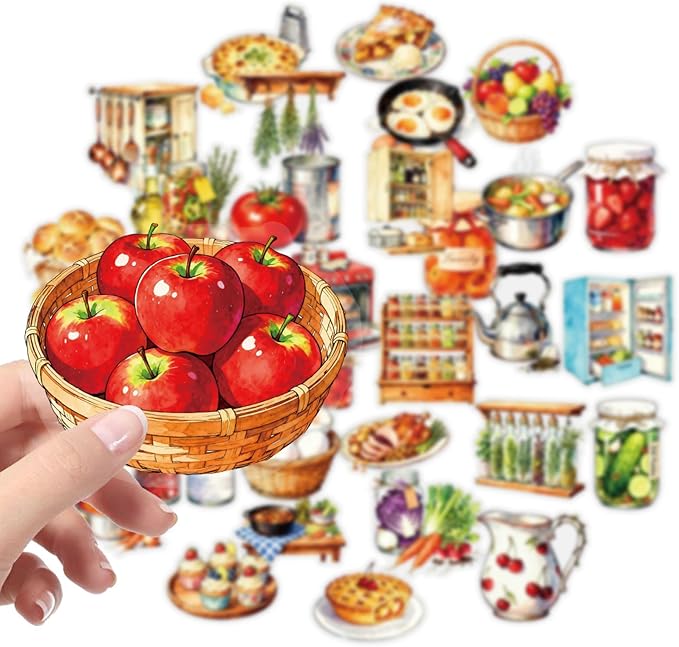 56 pcs Kitchen Food Cooking Clear PET Stickers, Vintage Bakery Bread Fruit Vegetable Transparent Die-Cut Decals, Waterproof Aesthetic Stickers for Journal Planner Scrapbook Recipe Book DIY Decor