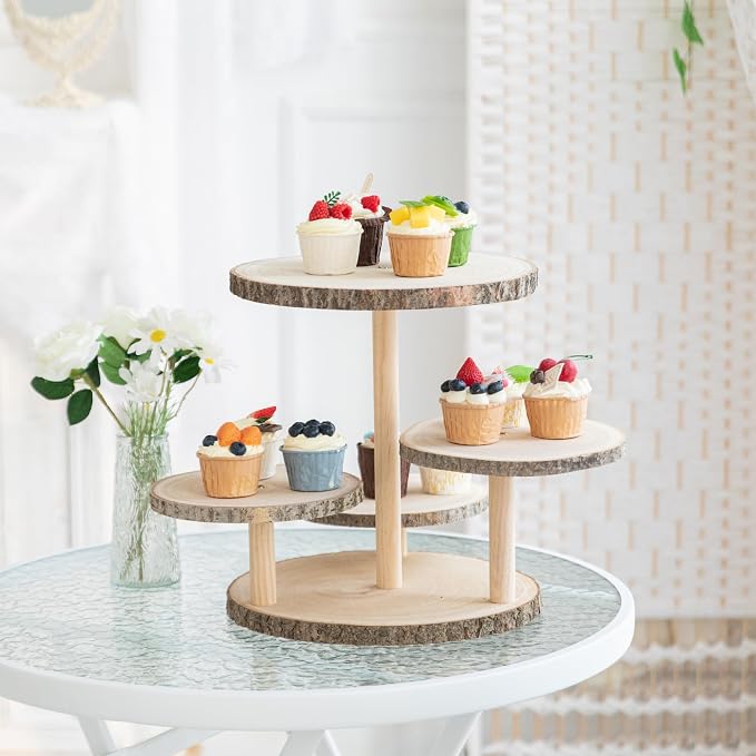 GENMOUS 4 Tiered Round Cake and Cupcake Stand Combo for Birthday Party Decor, Rustic Wooden Cupcake Tower Stands for 50 Cupcakes, Farmhouse Cupcake Tier Stand Display for Wedding Baby Shower Tea Party