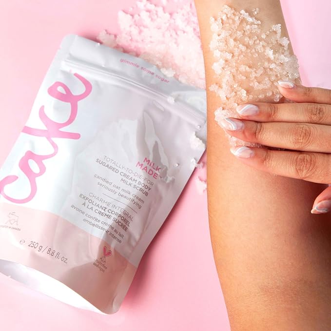 Cake Beauty Milk Made Vegan Body Sugar Scrub- Shea Butter, Candied Oat Milk & Marshmallow Root Extract - Gentle Exfoliating Hand, Leg, Foot & Body Sugar Soap Scrub & Moisturizing Shower Wash for Women