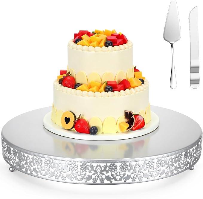 Wenqik 18 Inch Silver Cake Stand Set Metal Round Cupcake Dessert Stand with Cake Cutting, Flower Spatula Wedding Cupcake Pastry Display Candy Holder Display for Wedding Party Birthday Baby Shower