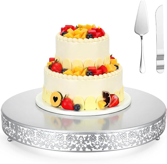 Wenqik 18 Inch Silver Cake Stand Set Metal Round Cupcake Dessert Stand with Cake Cutting, Flower Spatula Wedding Cupcake Pastry Display Candy Holder Display for Wedding Party Birthday Baby Shower