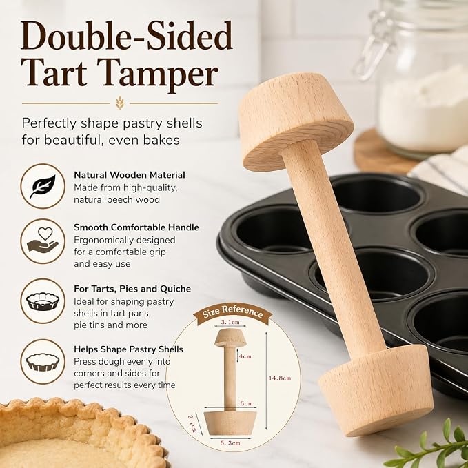 Baking Tools, Double-Sided Wooden Tart Tamper, 4.5cm Pastry Press Tool for Pies Tarts Quiche, Baking Mold with Handle
