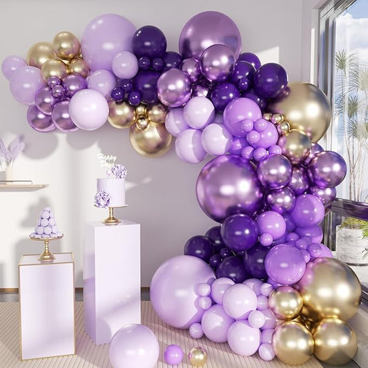 Grey Violet Maca Purple Gold Balloons Garland Arch Kit, 146Pcs Latex Balloons Different Sizes 18 12 10 5 Inch for Party Decoration Birthday Wedding Engagements Anniversary Baby Shower