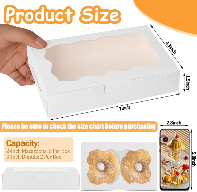60 Pack 7 x 4 3/8 x 1½ Inch Cookie Boxes with Clear Window Small White Cookie Boxes Bakery Treat Boxes for Dessert, Donuts, Pie, Candy, Macaron