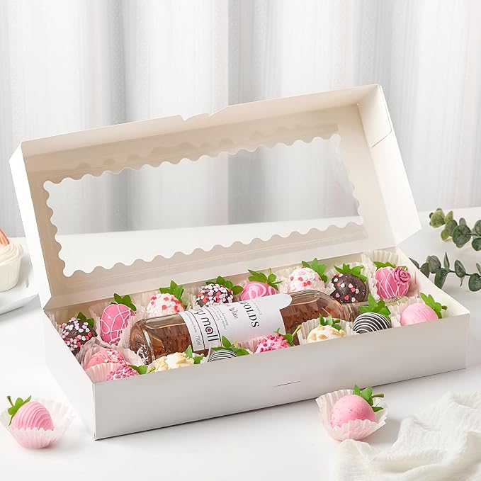 Ocmoiy 20 Pack Cookie Boxes, 16x6.5x2.5 Inch Bakery Boxes with Window, Auto-Popup Treat Box for Chocolate Covered Strawberries, Cocoa Bombs, Donuts, Muffins, Pastries