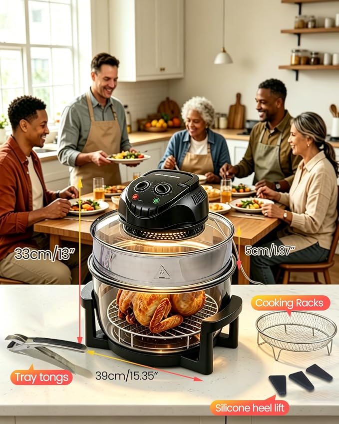 20L Black Glass Air Fryer Oven, Halogen Infrared Convection Countertop Cooker, Large Capacity Healthy Air Fryer for Fries, Chicken and More