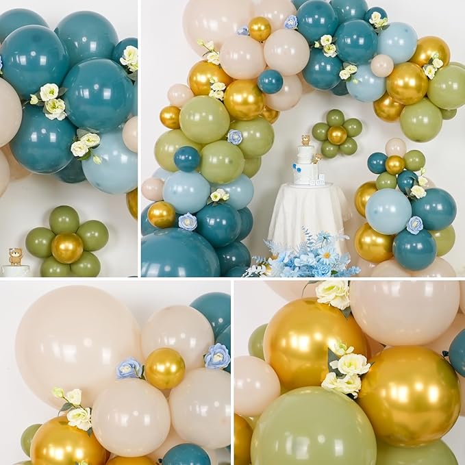 Dusty Blue Green Balloon Garland Kit, Slate Blue Haze Fog Blue Sage Green Beige Gold Balloon Arch Kit, Pastel Olive Green Retro Blue Balloons Arch for Birthday Boho Bridal Shower Wedding Decorations