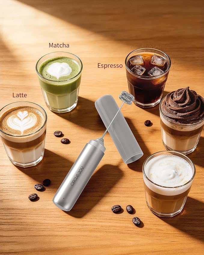 CIRCLE JOY Rechargeable Milk Frother Hanheld, Dual Coil Whisk Head Electric Coffee Frother, Portable Hand Frother Wand Drink Mixer for Matcha Lattes Cappuccino, Kitchen Gifts, Silver