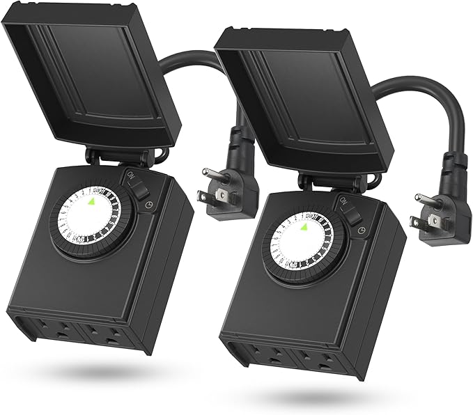 BN-LINK 24 Hour Heavy Duty Mechanical Timer, Outdoor Timer Outlet Waterproof with 30 Minutes Intervals, 2 Grounded Outlets for Christmas Lights Pool Pump,15A 1/2HP, ETL Listed（2 Pack）