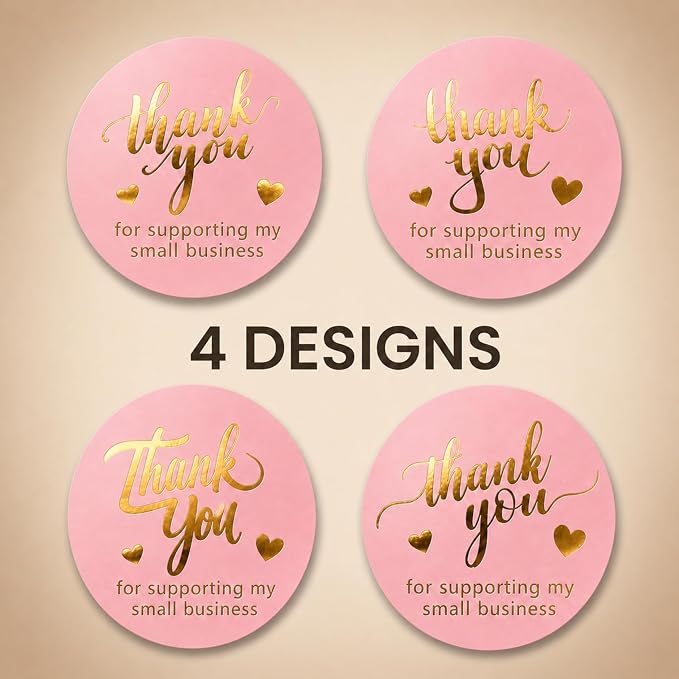 Pink Thank You Stickers Gold Foil – 500 Waterproof 1.5” Round Labels for Small Business Packaging, Custom Thank You Labels for Envelopes, Gift Bags, Boxes, Cards & Orders