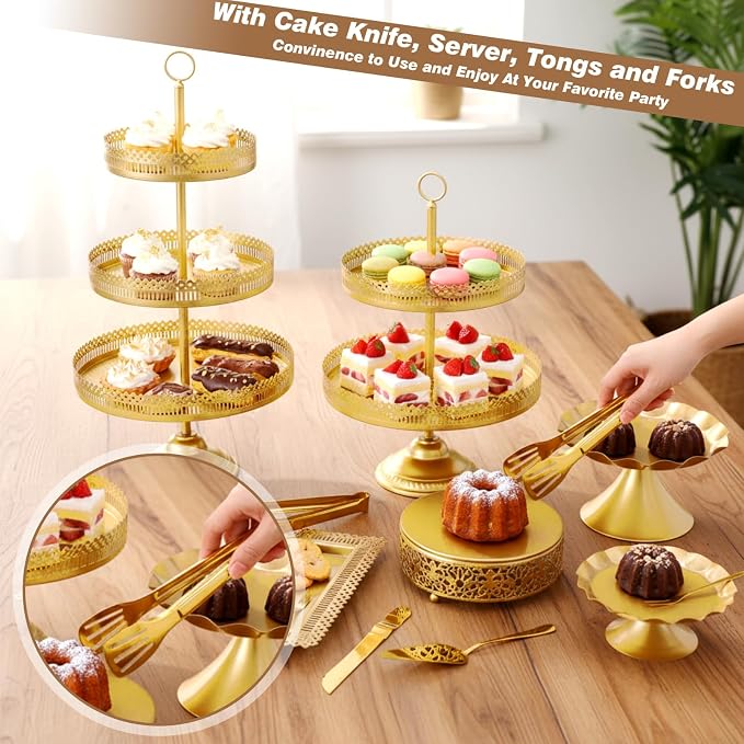 Wenqik 16 Pcs Gold Cake Stand Set Metal Dessert Display Set Tiered Cupcake Holder Square Serving Trays Round Tower Tray Platter for Wedding Birthday Party Celebration (Exquisite Style)