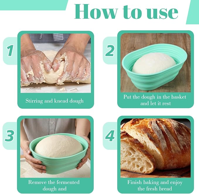 4 Pcs Oval Proofing Basket Set, 9.6 Inch Silicone Sourdough Bread Basket, Foldable Non-Stick Dough Proofing Bowl for Baking, BPA-Free, Green