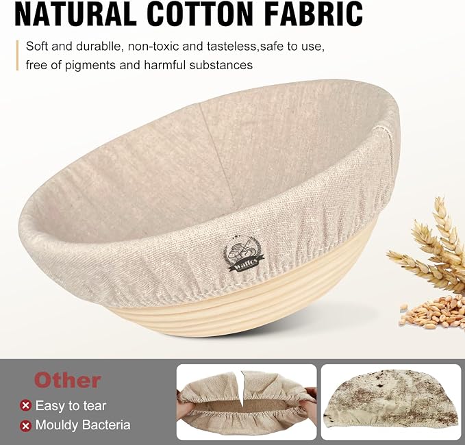 WALFOS Bread Basket Liner Cloth, 6 Packs 10 inch round bread proofing basket cloth liner, Baking Dough Basket Cover Natural Rattan Banneton Proofing Cloth