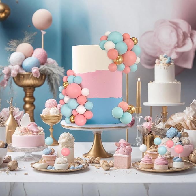 56 PCS Ball Cake Picks Colorful Ball Shaped Cake Topper Pearl Balls Cupcake Cake Insert Topper for Birthday Party Wedding Decoration Supplies Blue Pink Series Four Colors