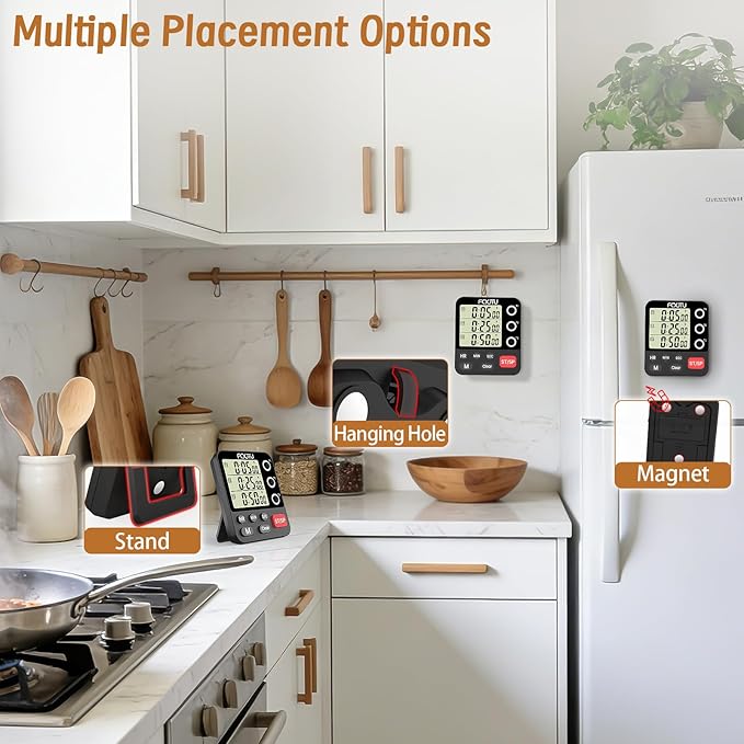 Digital Dual Triple Kitchen Timer, 3-Channel Magnetic Countdown Timer for Cooking, Large Display Stopwatch Multi Food Classroom Timer Loud Alarm for Seniors Teachers Battery Included (Black)