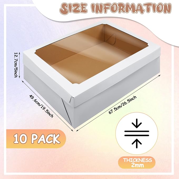 Funnymoom 10 Pcs Full Sheet Cake Box with Window Large Bakery Boxes Corrugated Rectangle Cake Packaging Boxes for Donuts Cookie Cupcake Baking Pastry Decor Supplies(19.5 x 26.5 x 5 Inches)