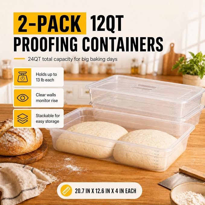 Sourdough Proofing Containers, 2 Pack 12QT Clear Dough Rising Boxes for Bread Baking, Fits Up to 6000 Grams of Dough,Stackable Bulk Fermentation Containers for Sourdough, Bread Dough & Pizza Dough