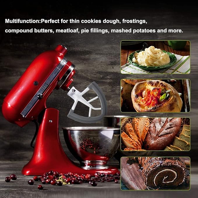 Flex Edge Beater Fit for Kitchenaid Mixer, 4.5-5 Quart Tilt-Head Flat Beater Fit for Kitchen Aid and Accessories Attachments with Silicone Edges Flex Edge Bowl Scraper Bonus 4 Soft Scraper