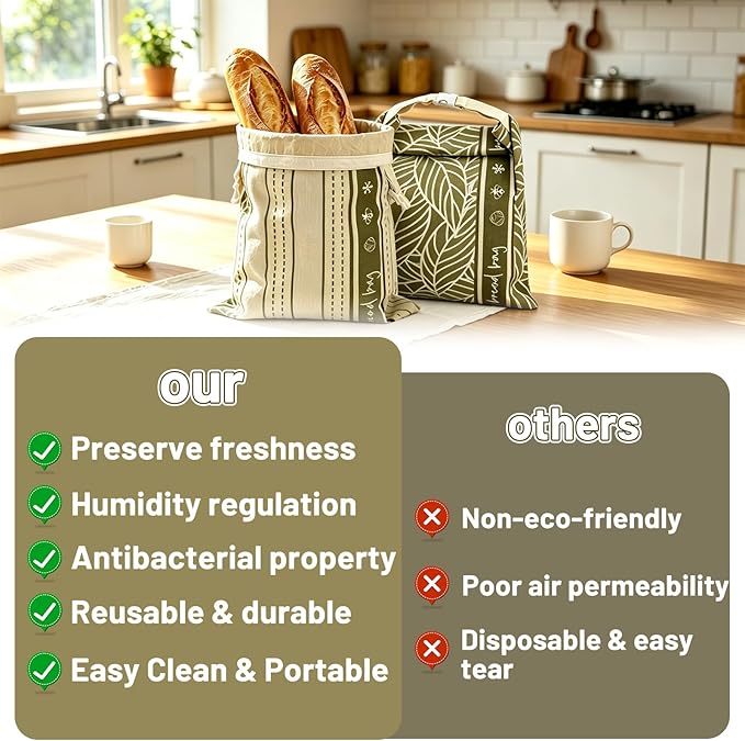 2Pk Reusable Bees Wax Bread Bag - 100% Organic Beeswax Lining & Linen Cotton Outer - XL Foldable Bread Bags for Homemade Bread sourdough, Extra Cleaning Sponge (Antique Foliage & Stripe)