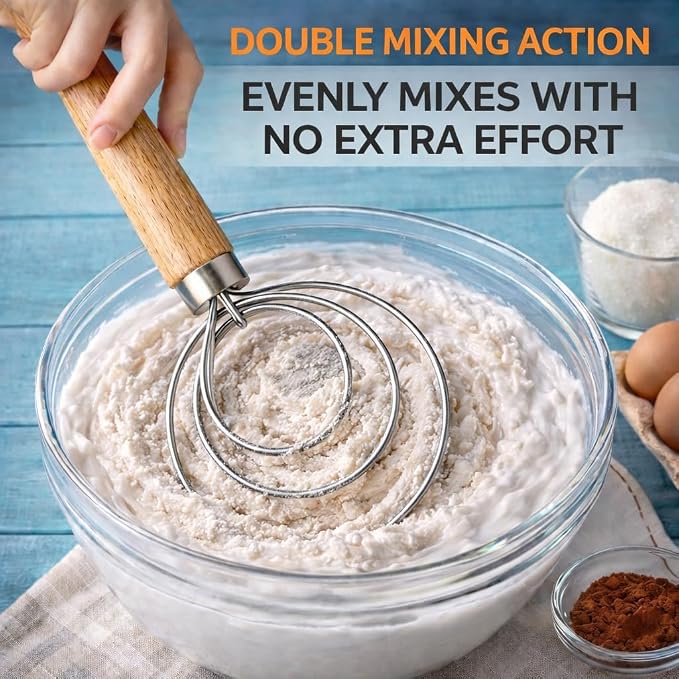Danish Dough Whisk for Sourdough – Thick Stainless Steel Dutch Whisk with Ergonomic Oak Handle – Heavy-Duty Dough Mixer for Bread & Baking