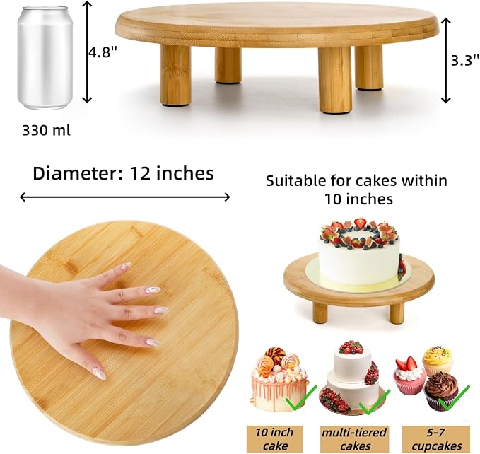 Cididu 12 Inch Bamboo Cake Stand, 3.3''H Round Pedestal Tray, Decorative Display Risers with Legs, Dessert Plate Holder Tray for Birthday Wedding Baby Shower Tea Party Table Display Countertop
