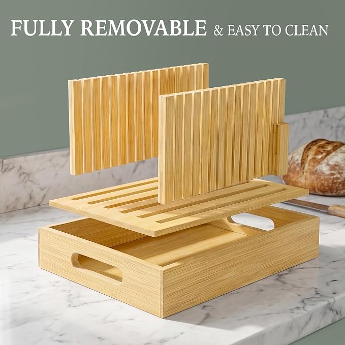 Bamboo Bread Slicer for Homemade Bread, Adjustable Cutting Board with Crumb Tray and Serving Box, Slicing Guide for Sourdough, Sandwich Loaves, Bagels and Cakes