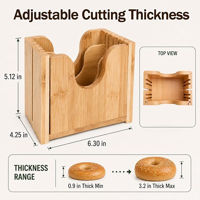 Bamboo Bagel Slicer for Homemade Bread, Wooden Bread Cutting Guide with Cleaning Brush, Safe Bagel Cutter for Bagels, Muffins, Rolls and Small Bread Loaves
