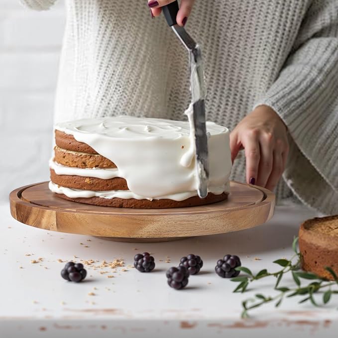 Glass Rotating Cake Stand with Lid - 12" Acacia Wood Cake Plate with Dome, Round Cake Holder with Cover for Wedding, Birthdays, Party Display, Charcuterie Tray, Spinning Cake Turntable, Glass Cake Dome