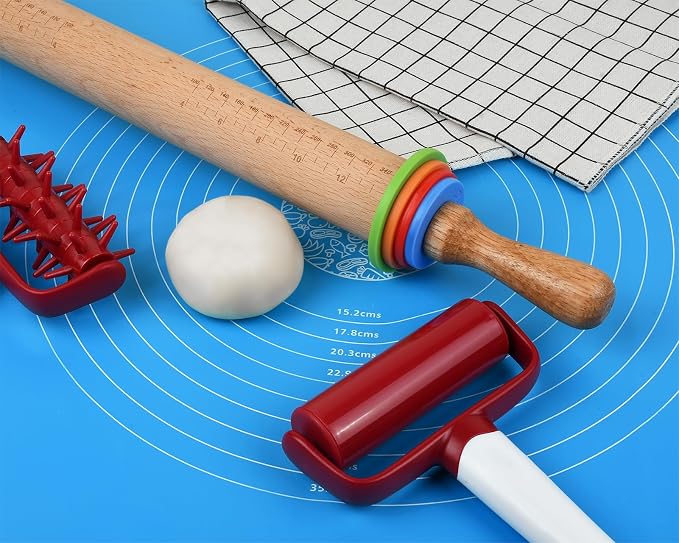 Rolling Pin with 4 Adjustable Thickness Rings and Long Handle 13.6 Inch Wooden Dough Roller for Baking, Dough, Cookie, Cake, Fondant, Pizza and Pie Crust