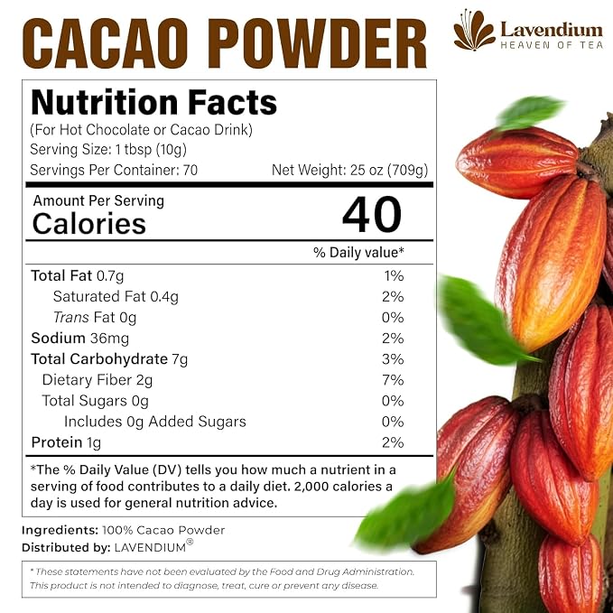 Lavendium, 6oz Cacao Powder, 100% Natural & Pure, Unsweetened, Rich Chocolate Flavor, Perfect for Baking & Smoothies, No Additives or Preservatives, No Gluten, Vegan