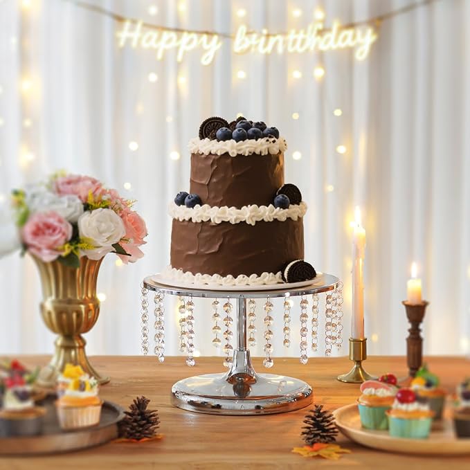2 Pcs Silver Metal Mirror Cake Stand Set with Crystal Pendants - 11.8"W Elegant Dessert Table Display for Weddings, Birthday Parties, Baby Showers, Events - Sturdy Crystal Bling Cupcake Stands for Pastries, Sweets, Decorations