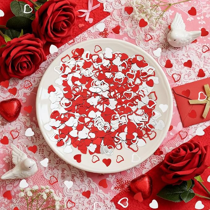 Heart Confetti, Valentines Day Heart Glitter Confetti Decorations, 50g Red Silver Metallic Foil Sequins Sprinkles Table Decorations for Valentine's Day Wedding Home Birthday Anniversary Party Supplies