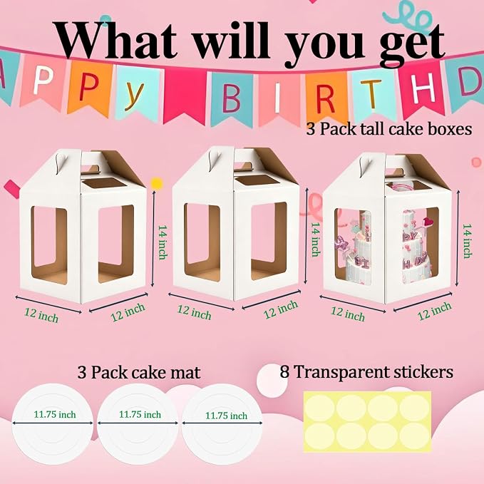 Cake Boxes - 3 Pack Tall Cake Box 12x12x14 Inch | Disposable Layer Carrier with 6 Window Large Tierd Cake Out Transport Containers with Handle for Wedding, Birthday, Party