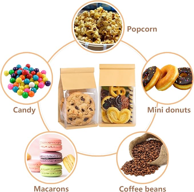 100 Pack Cookie Bags with Seal, 8.2x3.9x3.1 Inch Tin Tie Tab Lock Bakery Bags with Window Resealable Paper Packaging Bag for Muffin, Granola, Candies, Scone, Brownie, Included 100 Thank You Stickers