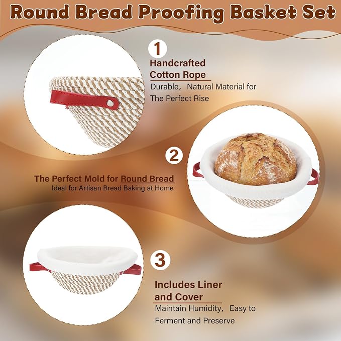 Gisafai 12 Set Banneton Bread Proofing Baskets Bulk 9 Inch Round Cotton Rope Artisan Sourdough Bread Banneton Dough Proofing Bowls with Cloth Liners and Covers for Homemade Baking Bakery