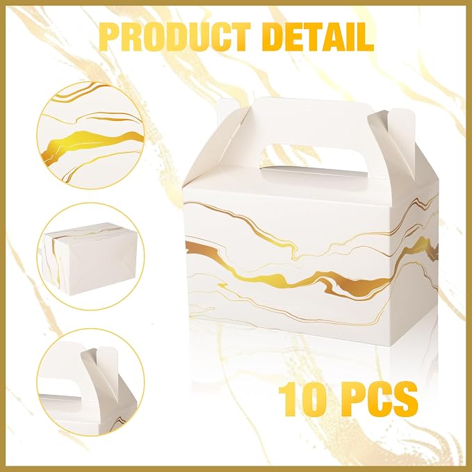 10 PCS Party Favor Treat Boxes, 6.5 x 4 x 4 Inches Gable Box with Handle, Goodie Boxes for Sweets, Candy, Cookie, Mother's Day, Wedding, Baby Shower, Graduation, Annivesary, White