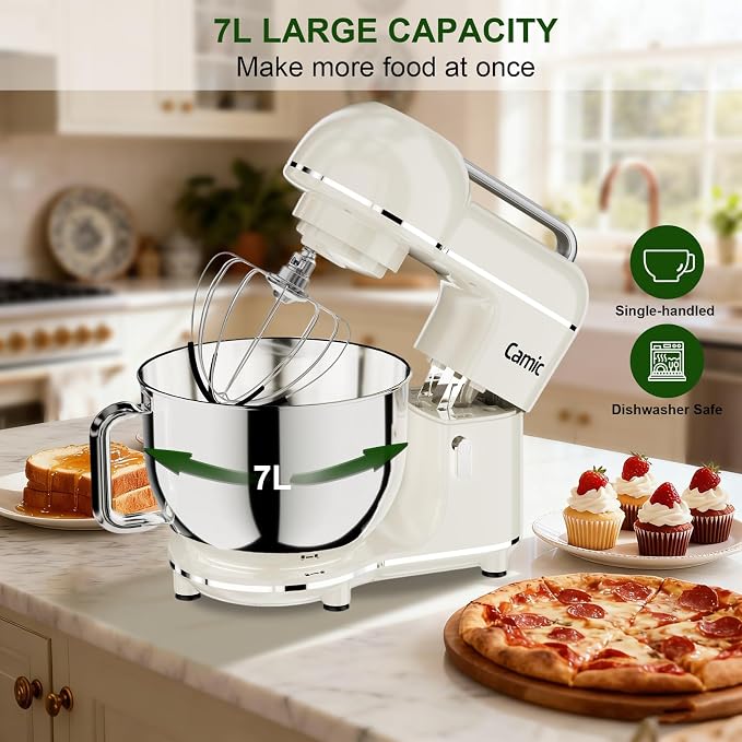 Camic Electric Stand Mixer,7.45 QT,10 Speeds with Dough Hook,Whisk, Flat Beater Attachments, Splash Guard, Easy-Carry Top Handle,3-IN-1 Kitchen Mixer for Baking Cakes Cookie Bread Salad (White)