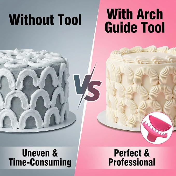 Cake Arch Guide Tool & Piping Guide Stencil, 16 Pcs Cake Decorating Tools with Frosting Scrapers and Piping Bag Set, Cake Ruffle Marker for 6"-10" Cakes (Pink)
