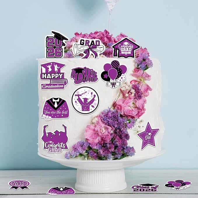 48pcs Edible 2026 Graduation Cupcake Toppers Wafer Paper Purple Class of 2026 Cake Decorations Edible Congrats Grad Cupcake Picks for 2026 Graduation Theme Party Cake Supplies
