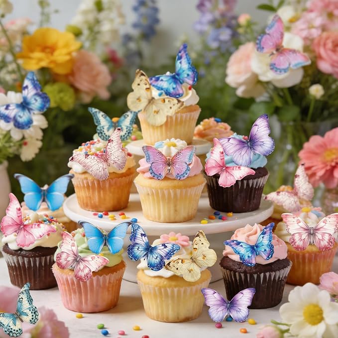 72PCS Edible Butterfly Cupcake Toppers Wafer Paper 3D Butterflies Cake Picks Mixed Color Cake Decorations for Spring Theme Baby Shower Wedding Kids Birthday Party Cake Decor Supplies