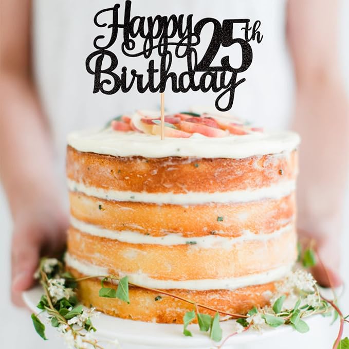 1 PCS Happy 25th Birthday Cake Topper Glitter Cheers to 25 Years Birthday Cake Pick 25 Fabulous Cake Decoration for Happy 25th Birthday Theme Party Decorations Supplies Black