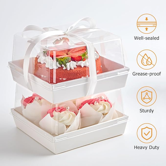 ZORRITA Paper Cake Boxes with Clear Lids, 7" x 7" x 4", 20 Pack, White | Disposable, Square Food Containers, For 4-6 Inch Cake, Dessert, Pie, Cupcake, Bakery, Charcuterie