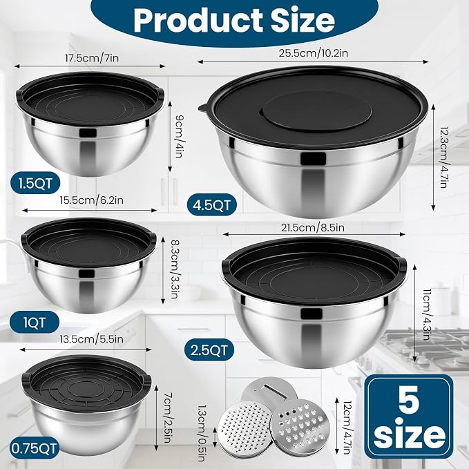 5 Pcs Mixing Bowls with Airtight Lids, Stainless Steel Mixing Salad Bowls with 3 Grater Attachments, Nesting Bowl for Kitchen Cooking, Prepping, Serving, Baking, 0.75/1/1.5/2.5/4.5QT, Black