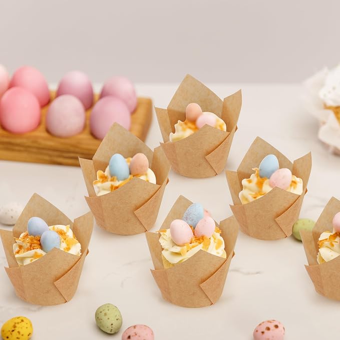 Ruisita 150 Pcs Mini Cupcake Liners Muffin Liners Baking Cups | Tulip Cupcake Liner for Baking Wedding, Birthday, Baby Shower Parties, Brown, Natural, White, Black
