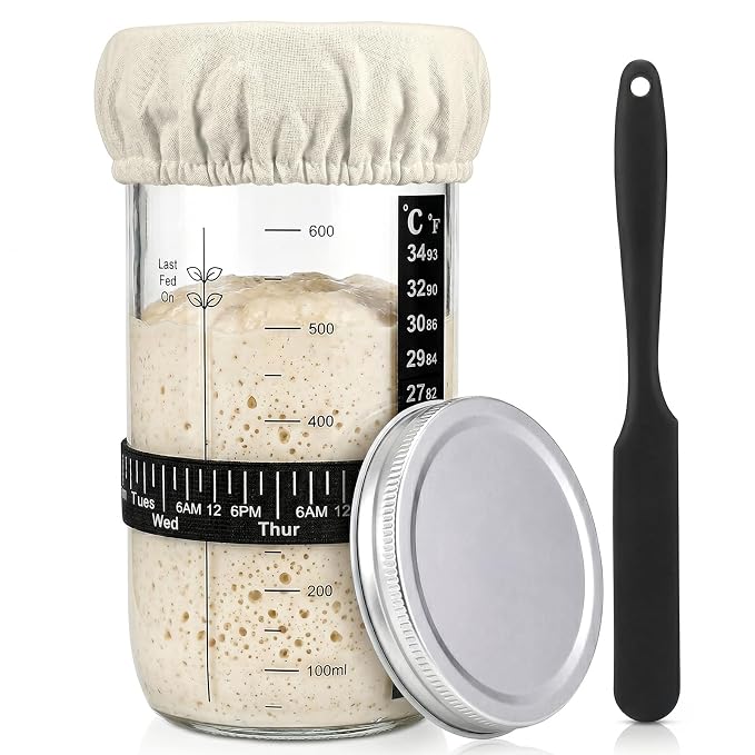 24 oz Sourdough Starter Jar Kit, Glass Sourdough Starter Jar with Date Mark, Thermometer, Scraper, Cloth Cover & Lid, Complete Sourdough Baking Supplies for Beginners & Pros