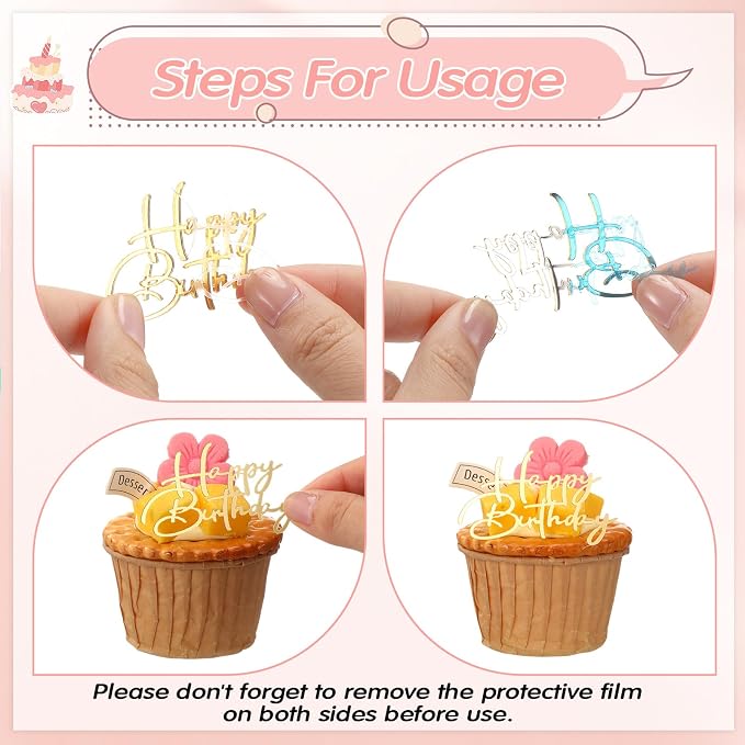 Weysat 30 Pcs Gold Mirror Acrylic Cupcake Toppers Happy Birthday Cake Decorations for Birthday Party Cupcake Toppers