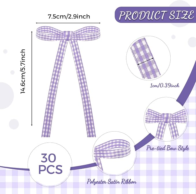 30 PCS Bow Cupcake Topper Purple Gingham Ribbon Bows for Cake Handmade Bow Birthday Decorations for Weddings, Baby Showers, Wedding, Engagements and Dessert Tables