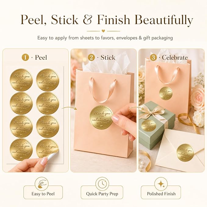 100PCS Thank You for Celebrating with Me Stickers, Embossed Matte Gold Party Favor Labels for Birthday, Baby Shower, Bridal Shower, Graduation & Gift Bag Packaging 1.6 Inch