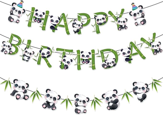 Zwiebeco Pandas Happy Birthday Party Decoration Green Black White Bamboo Leaves Sign Banner Hanging Paper Garland Bunting for Babys Kids Themed Accessories Supplies